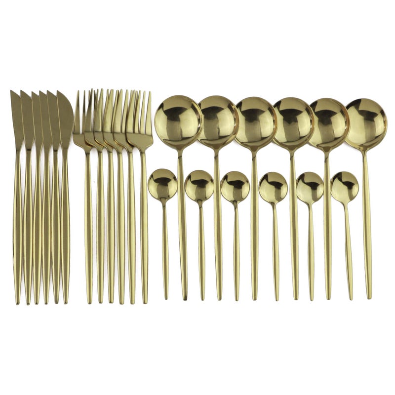 JANKNG 24-Piece Flatware Set, 18/0 Stainless Steel Knife Fork Spoon Teaspoon Silverware Set, Service for 6, MIrror Champagne Gold - Image 1